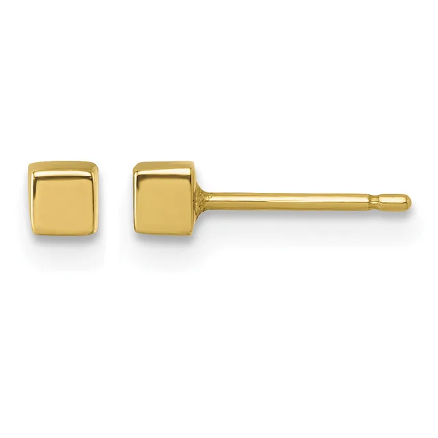 A pair of gold square stud earrings with rounded edges shown from the front and side view against a white background.
