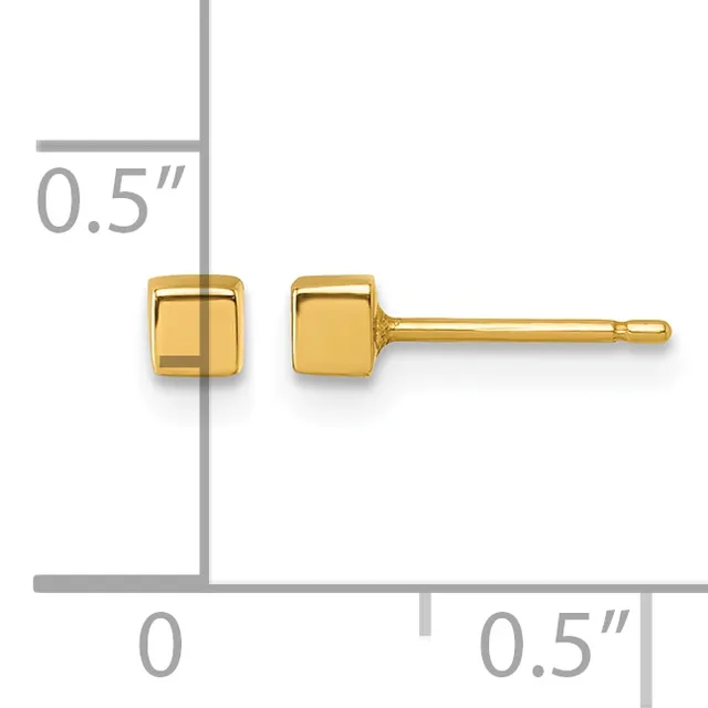 A pair of small gold stud earrings with square faces shown at actual size, measuring 0.5 inches across.