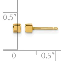 A pair of small gold stud earrings with square faces shown at actual size, measuring 0.5 inches across.