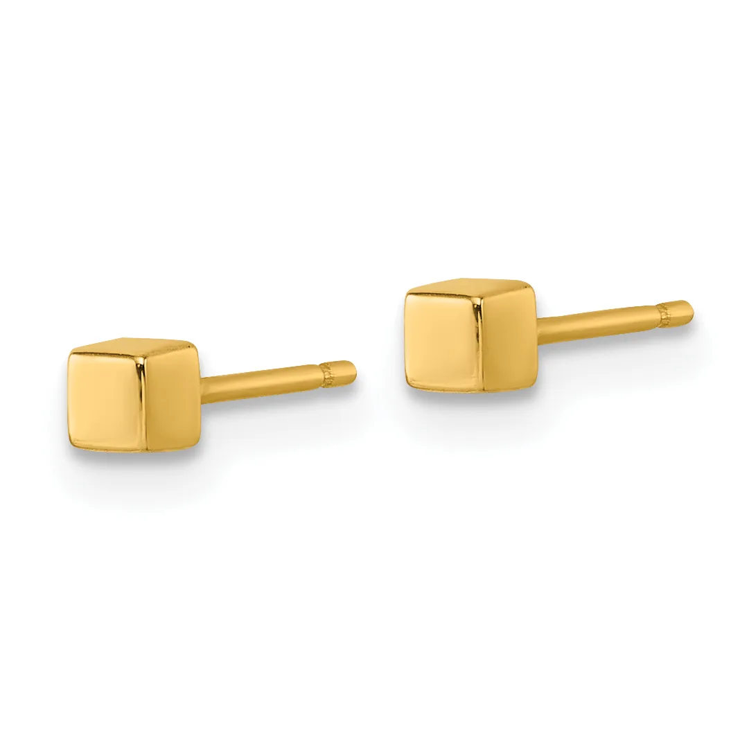 A pair of polished gold stud earrings with square cushion-shaped heads on thin posts, displayed against a white background.