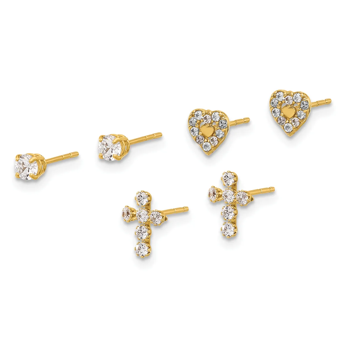 Six gold stud earrings with cubic zirconia stones arranged in two rows: round solitaires, heart-shaped halos, and cross designs.