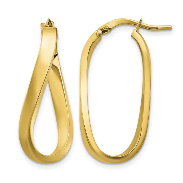 A pair of polished gold hoop earrings with a twisted oval shape and hinged posts, shown from the front against a white background.