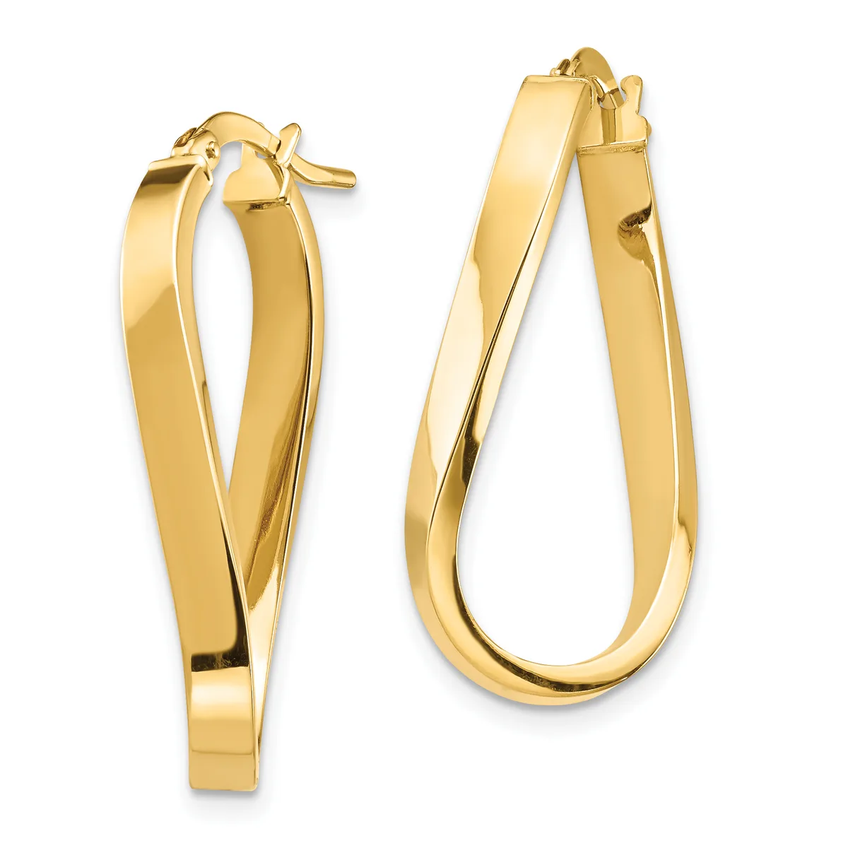 A pair of polished gold hoop earrings with a twisted crossover design, shown from front and side angles.