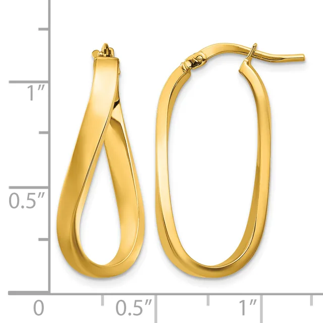 Two gold-toned hoop earrings displayed next to a measurement ruler showing sizes up to 1 inch, with post and clutch closures.