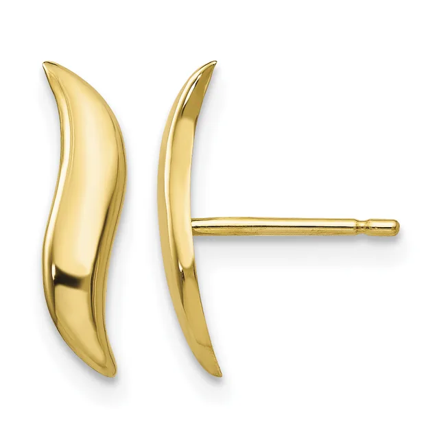 Pair of curved gold stud earrings with polished finish shown from front and side view with posts and backs visible.