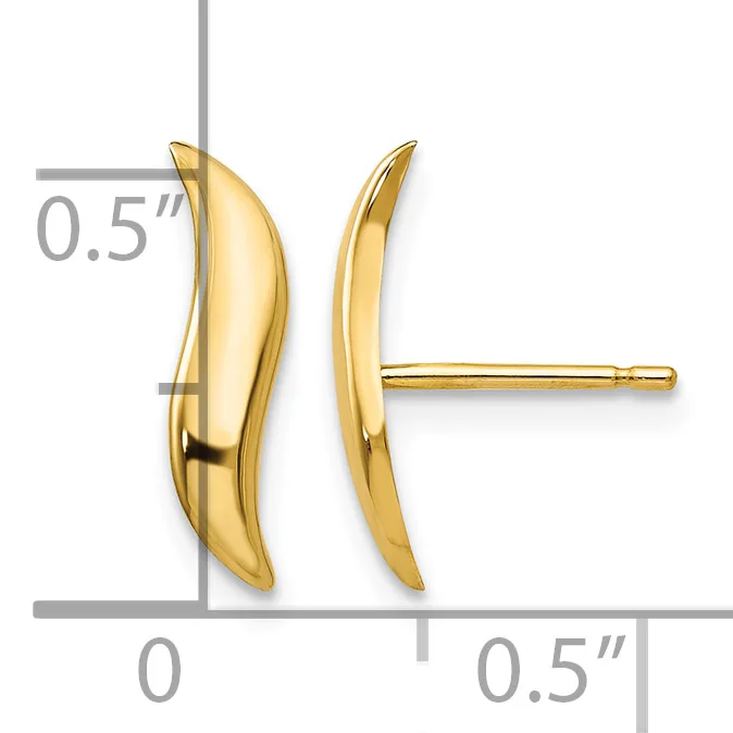 Pair of polished gold curved crescent earrings with posts, measuring 0.5 inches in height and width.