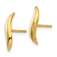 A pair of curved gold crescent-shaped earrings with posts and backs, displayed against a white background.