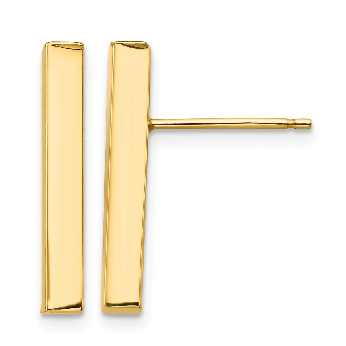 A pair of polished gold rectangular bar stud earrings displayed against a white background.