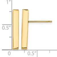 A pair of polished gold rectangular bar stud earrings shown against a measurement scale, each earring approximately one inch tall and one-quarter inch wide.