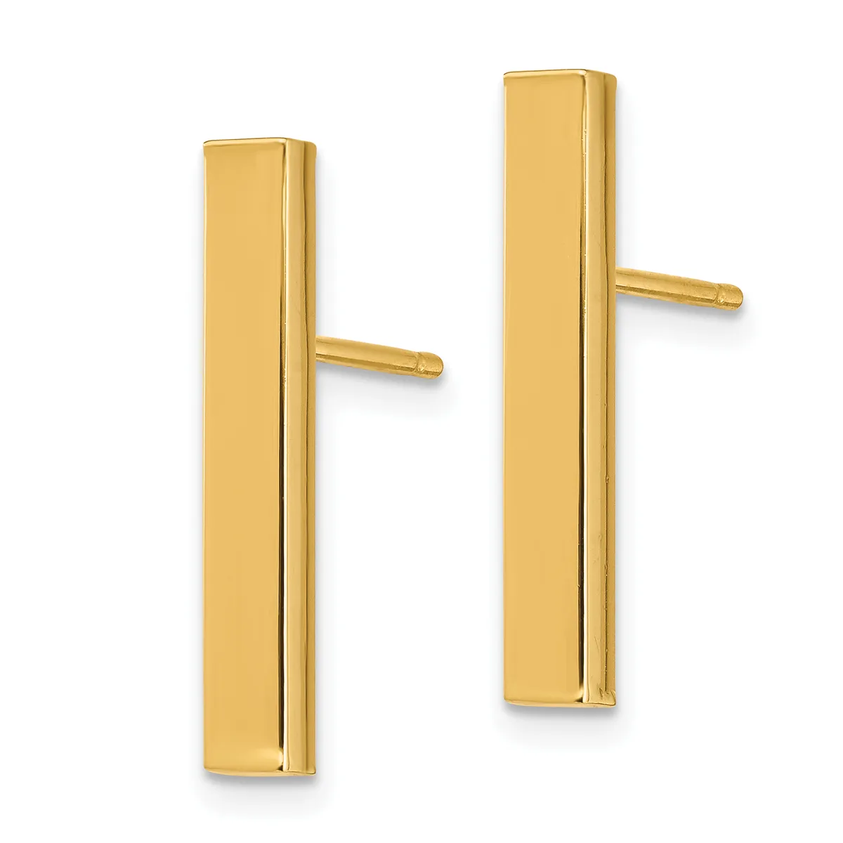 A pair of polished gold rectangular bar stud earrings with small post and clutch backs, displayed against a white background.