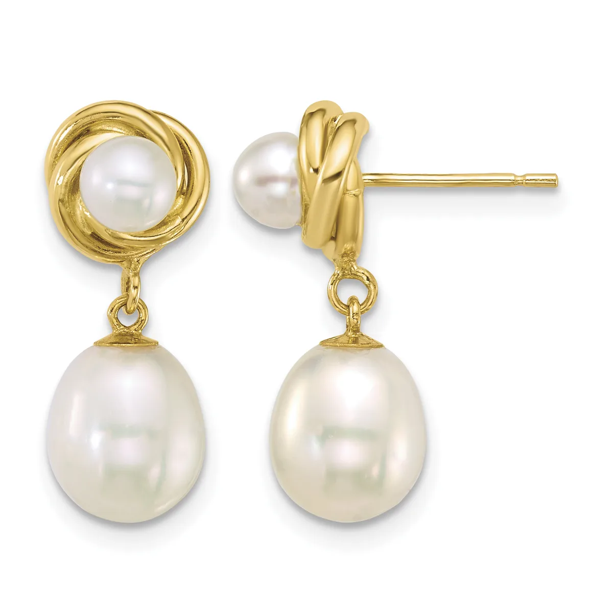 Pair of gold drop earrings with twisted circular tops and dangling pearl accents, shown from front and side views.
