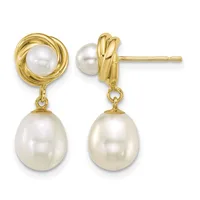 Pair of gold drop earrings with twisted circular tops and dangling pearl accents, shown from front and side views.