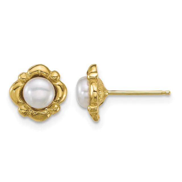 A pair of gold stud earrings with decorative floral-shaped settings featuring white pearl centers, shown from front and side views.
