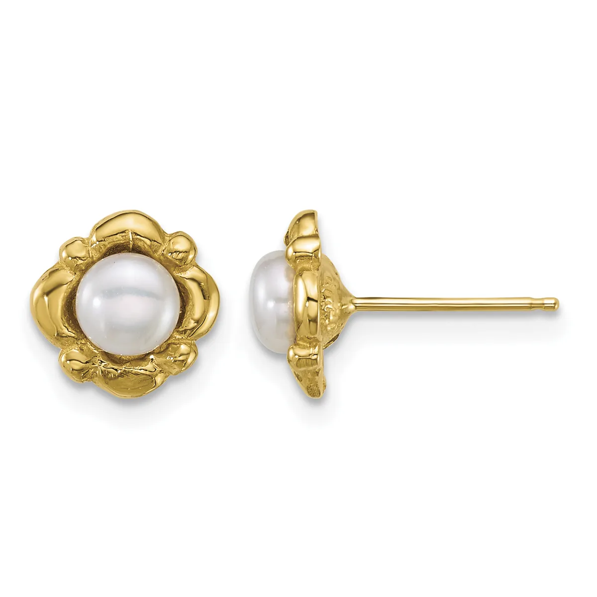 A pair of gold stud earrings with decorative floral-shaped settings featuring white pearl centers, shown from front and side views.