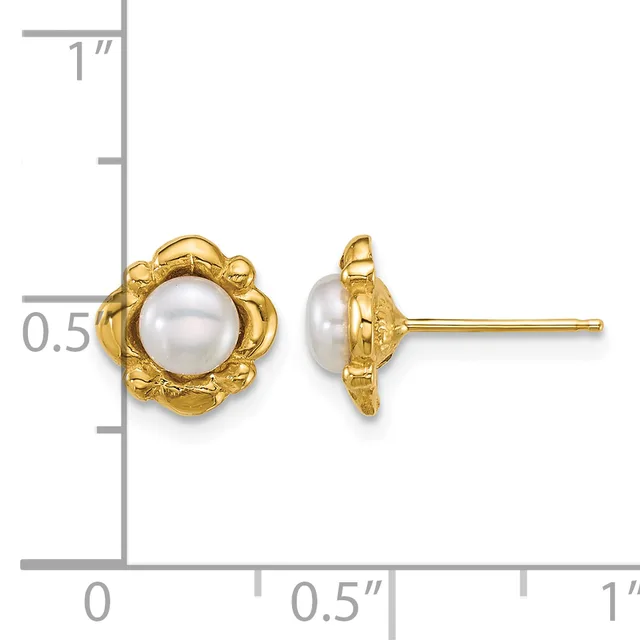 Pair of gold stud earrings with white pearl centers set in textured gold surrounds, shown front and side view against a measurement scale.