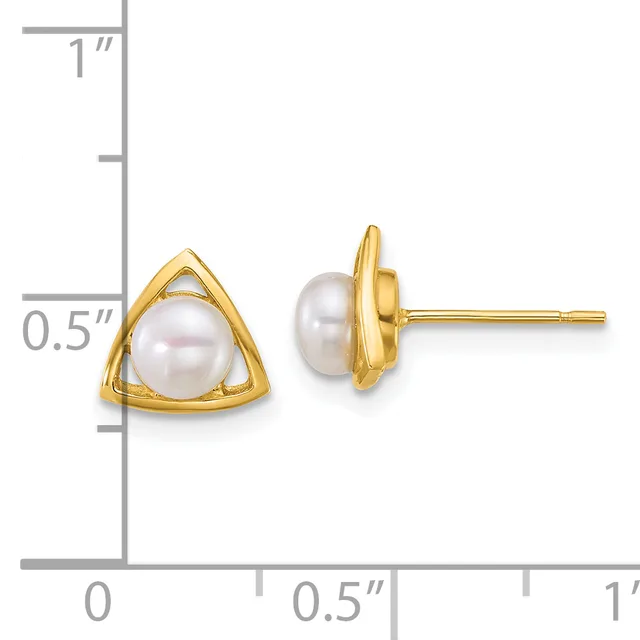A pair of gold-toned stud earrings with triangular settings holding white pearls, shown next to a ruler indicating approximately half an inch in size.