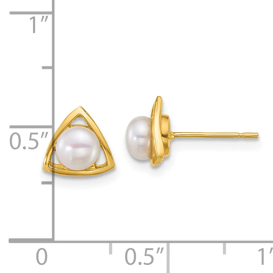 A pair of gold-toned stud earrings with triangular settings holding white pearls, shown next to a ruler indicating approximately half an inch in size.