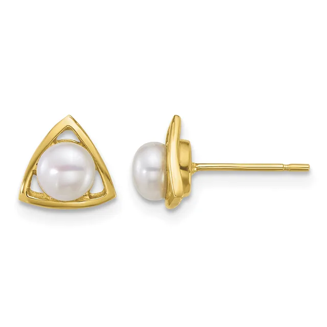 Pair of gold triangular stud earrings, each featuring a white pearl set in a gold frame with cutout details, shown from front and side views.