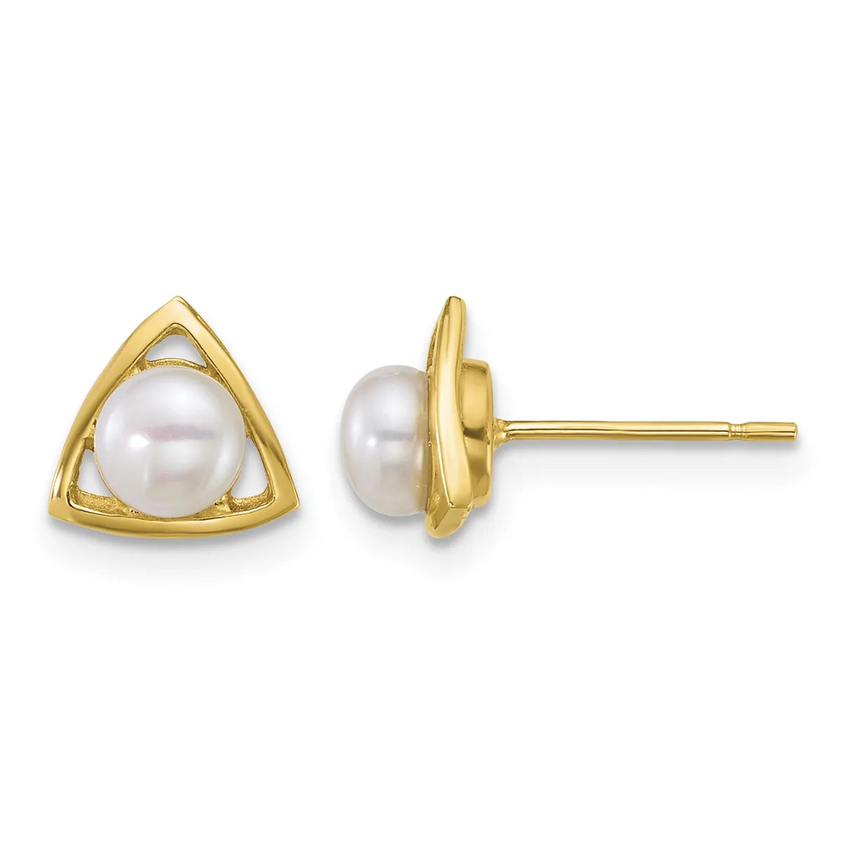 Pair of gold triangular stud earrings, each featuring a white pearl set in a gold frame with cutout details, shown from front and side views.
