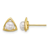 Pair of gold triangular stud earrings, each featuring a white pearl set in a gold frame with cutout details, shown from front and side views.