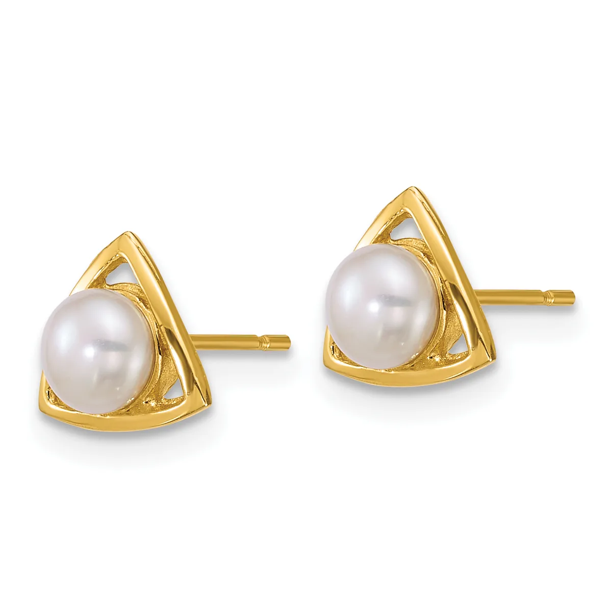 A pair of gold triangular stud earrings, each featuring a white pearl set within a geometric gold frame with a post and backing.