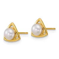A pair of gold triangular stud earrings, each featuring a white pearl set within a geometric gold frame with a post and backing.
