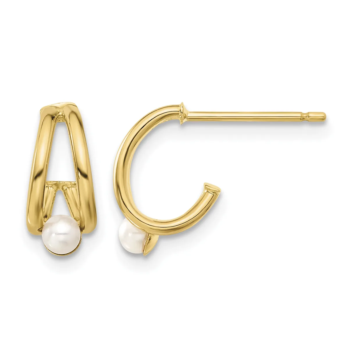A pair of gold hoop earrings with pearl drops, shown from front and side views with post and clutch backs.