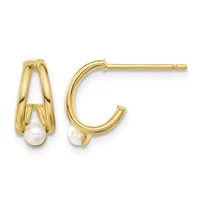 A pair of gold hoop earrings with pearl drops, shown from front and side views with post and clutch backs.
