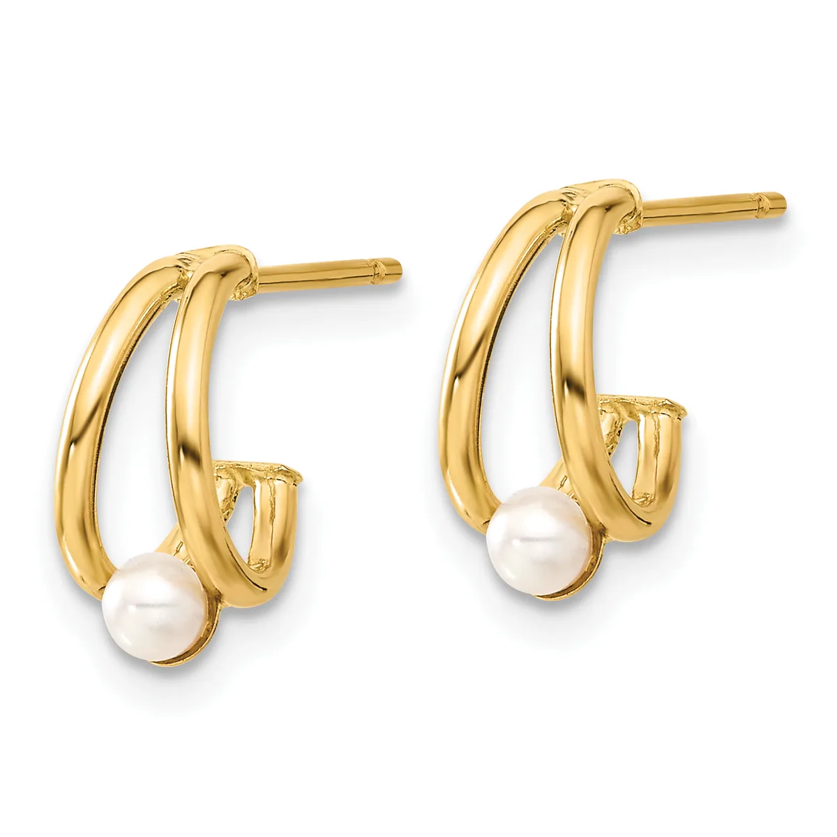 A pair of gold hoop earrings with double curved bars and white pearl drops, shown from the front against a white background.