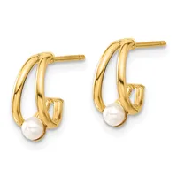 A pair of gold hoop earrings with double curved bars and white pearl drops, shown from the front against a white background.