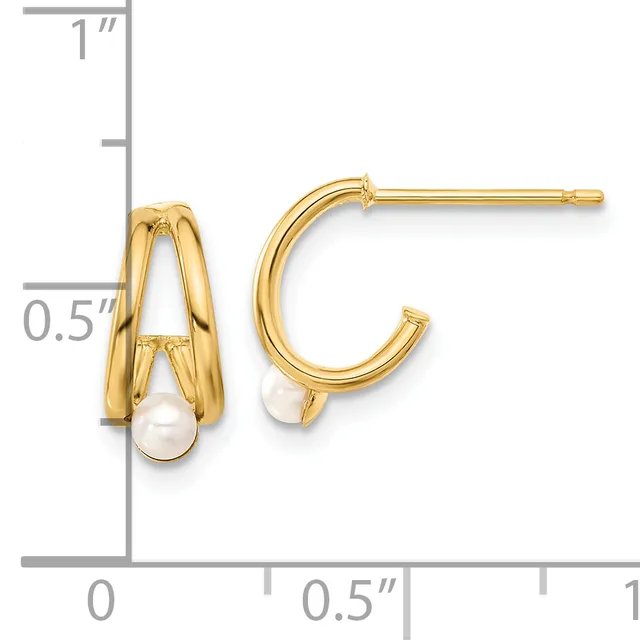 Pair of gold-colored hoop earrings with white pearl drops, shown next to a ruler indicating approximately one inch in length.