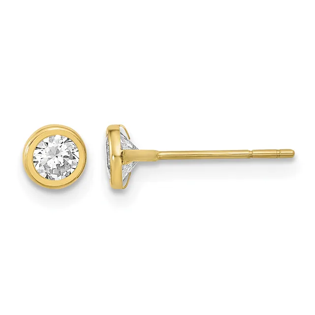 Pair of yellow gold stud earrings with round white diamond centers set in bezel settings, shown from front and side views.