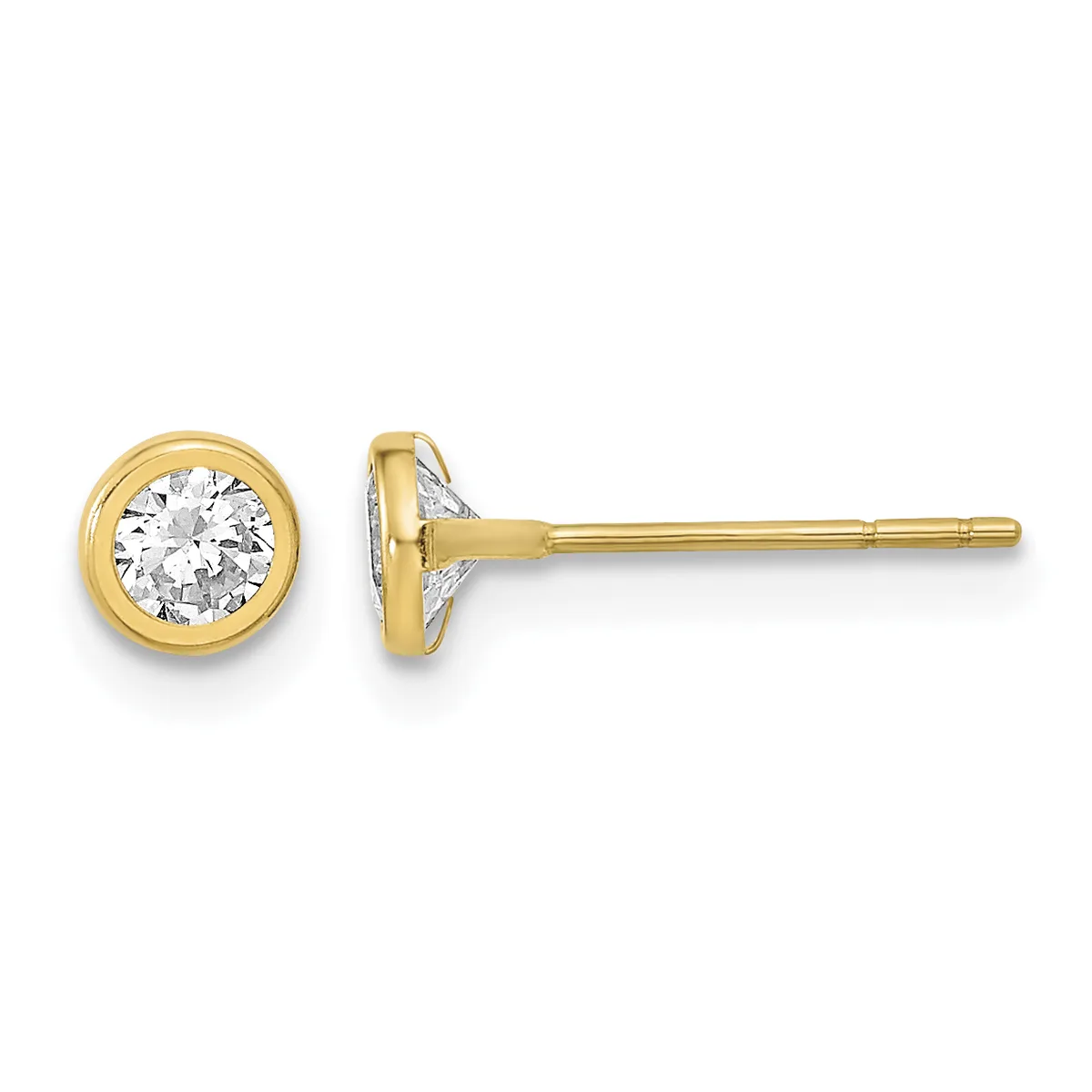 Pair of yellow gold stud earrings with round white diamond centers set in bezel settings, shown from front and side views.