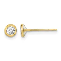 Pair of yellow gold stud earrings with round white diamond centers set in bezel settings, shown from front and side views.