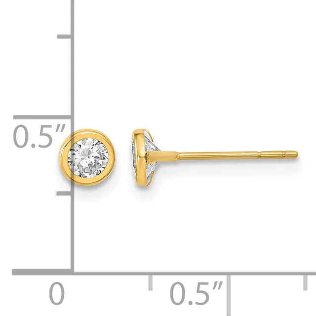 Pair of gold stud earrings with round bezels set with clear round gemstones, shown at actual size on a measurement scale.
