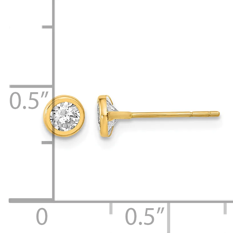 Pair of gold stud earrings with round bezels set with clear round gemstones, shown at actual size on a measurement scale.