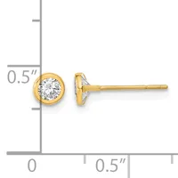 Pair of gold stud earrings with round bezels set with clear round gemstones, shown at actual size on a measurement scale.