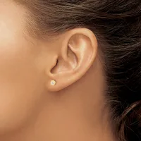 A person's ear shown in profile wearing a small round diamond stud earring in the earlobe.