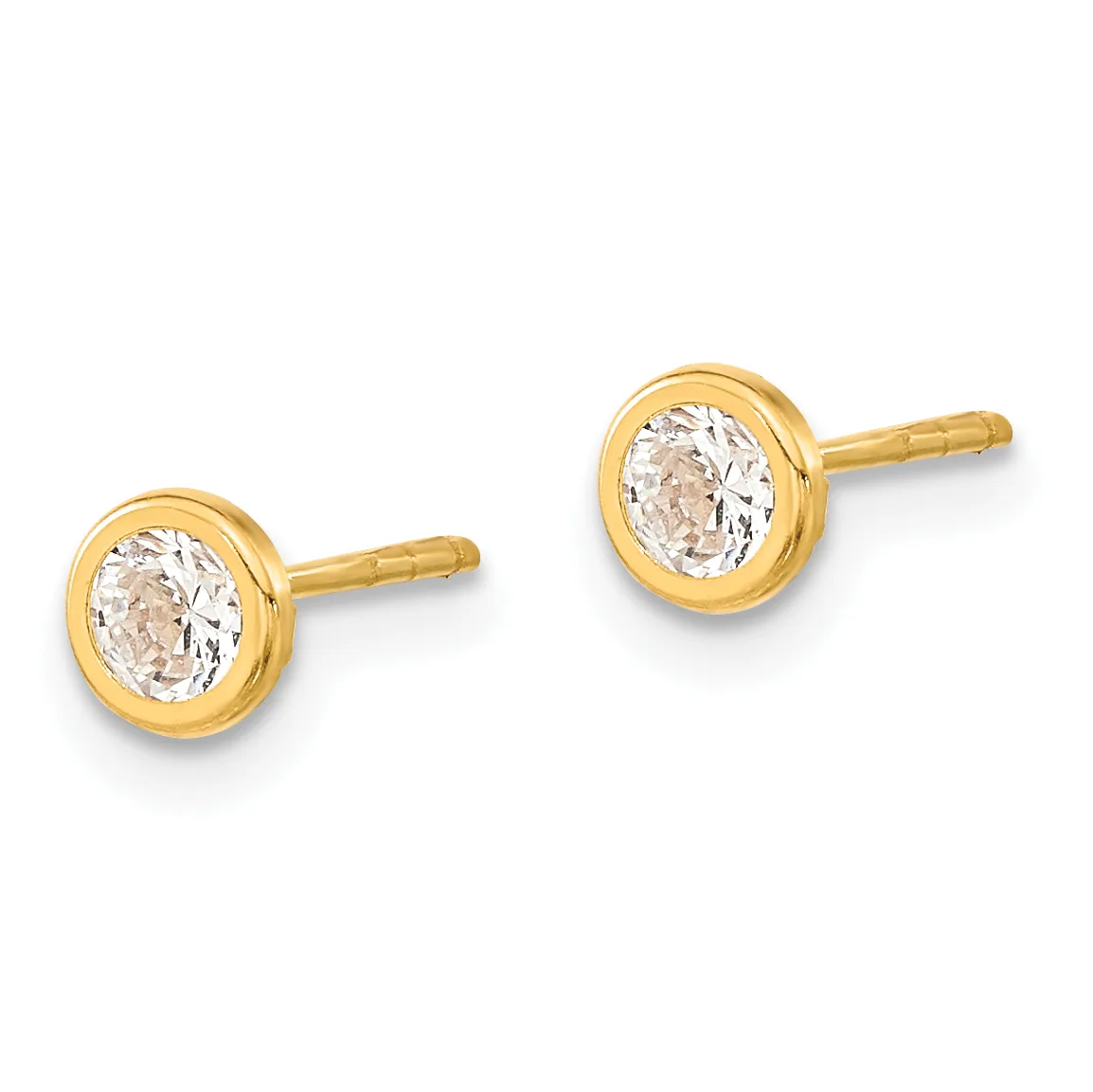 A pair of gold stud earrings with round bezels containing clear faceted gemstones, shown from the front against a white background.