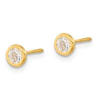 A pair of gold stud earrings with round bezels containing clear faceted gemstones, shown from the front against a white background.