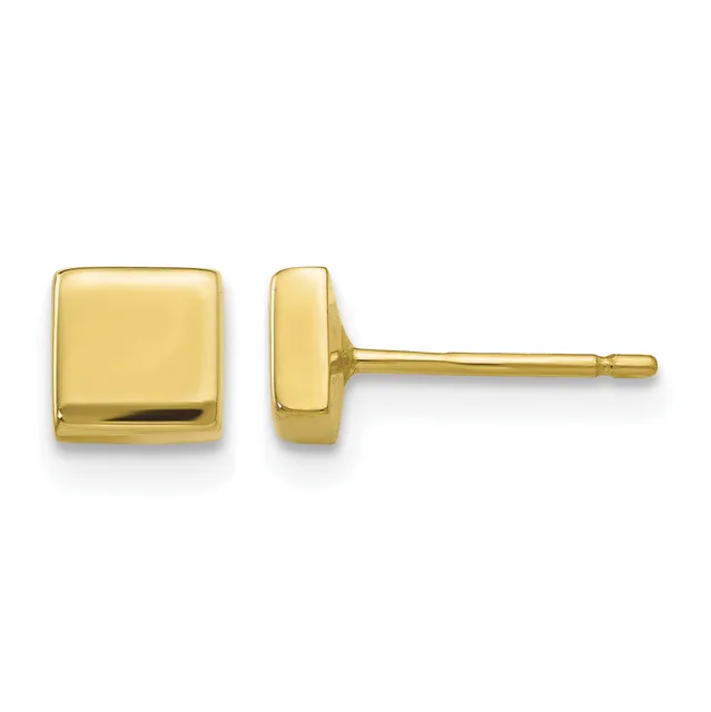 Pair of polished gold square stud earrings shown from front and side views on white background.