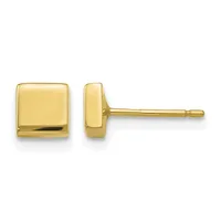 Pair of polished gold square stud earrings shown from front and side views on white background.