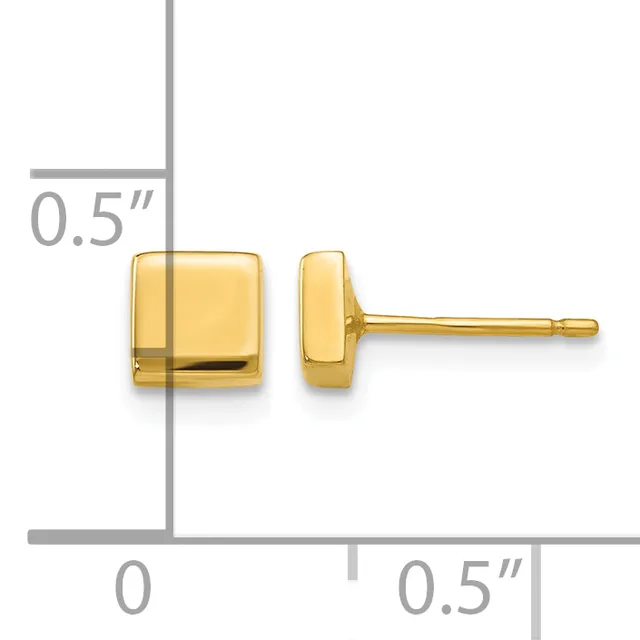 Pair of small gold-toned square stud earrings shown front and side view with measurement scale indicating 0.5 inches.