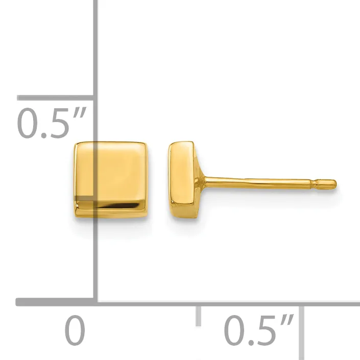 Pair of small gold-toned square stud earrings shown front and side view with measurement scale indicating 0.5 inches.