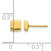 Pair of small gold-toned square stud earrings shown front and side view with measurement scale indicating 0.5 inches.