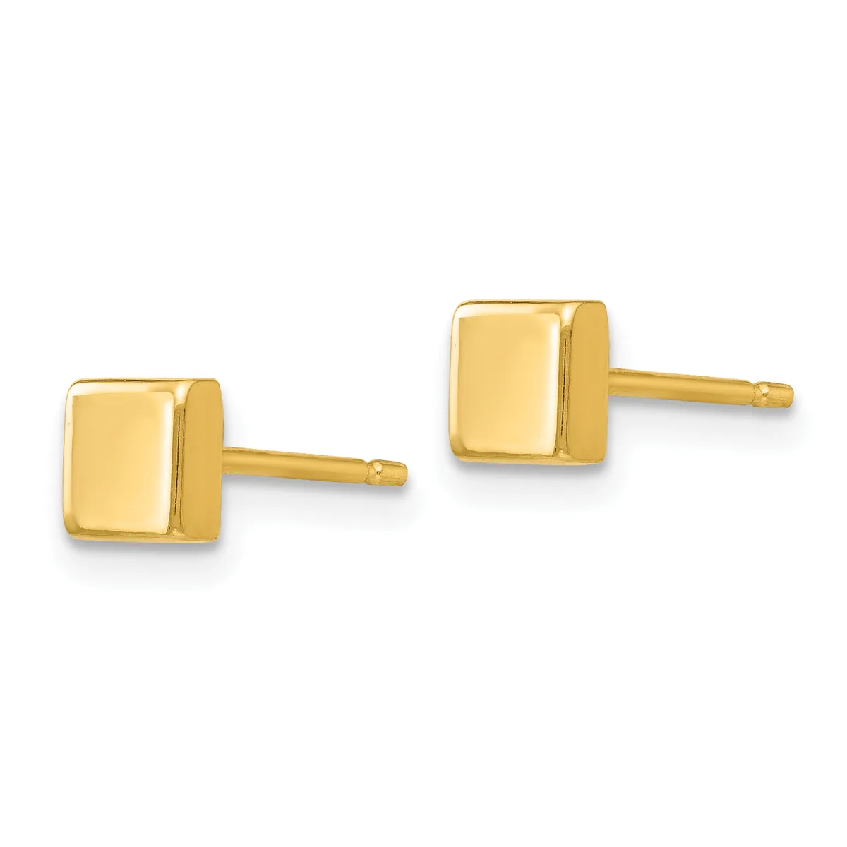 A pair of small square gold stud earrings with polished finish displayed against a white background.
