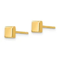 A pair of small square gold stud earrings with polished finish displayed against a white background.