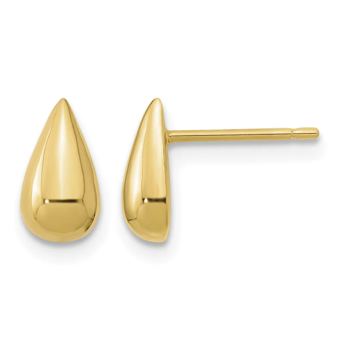 A pair of polished gold teardrop-shaped stud earrings shown from front and side views on posts.