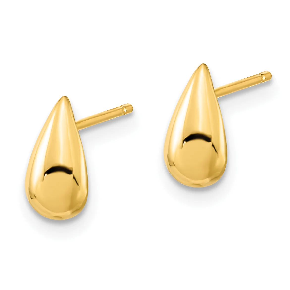 Pair of polished gold teardrop-shaped stud earrings with posts and backs, displayed against a white background.