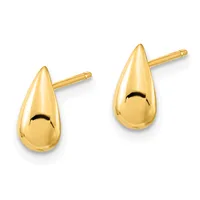 Pair of polished gold teardrop-shaped stud earrings with posts and backs, displayed against a white background.
